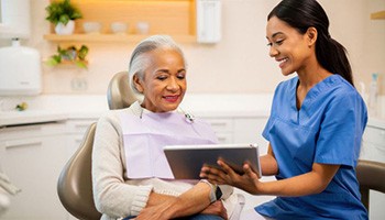 Senior patient speaking with dental team member